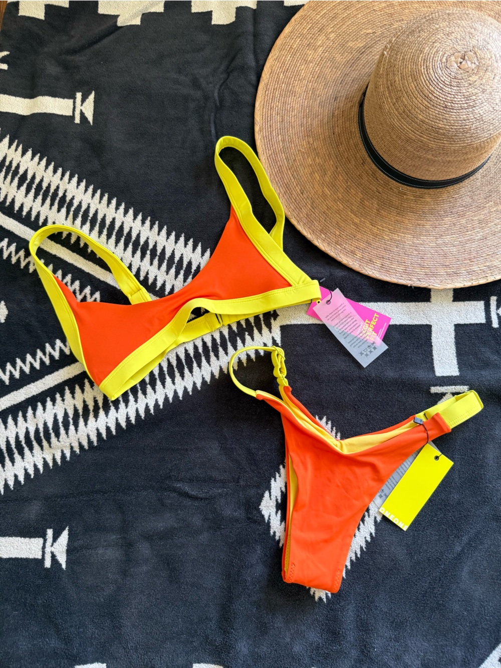 Orange Color Block Bikini with yellow lining by Oneone